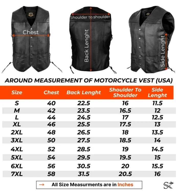 Skates Sports Motorcycle Leather Vest USA Size Chart