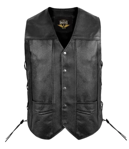 Skates Sports leather motorcycle vest with gun pockets front view